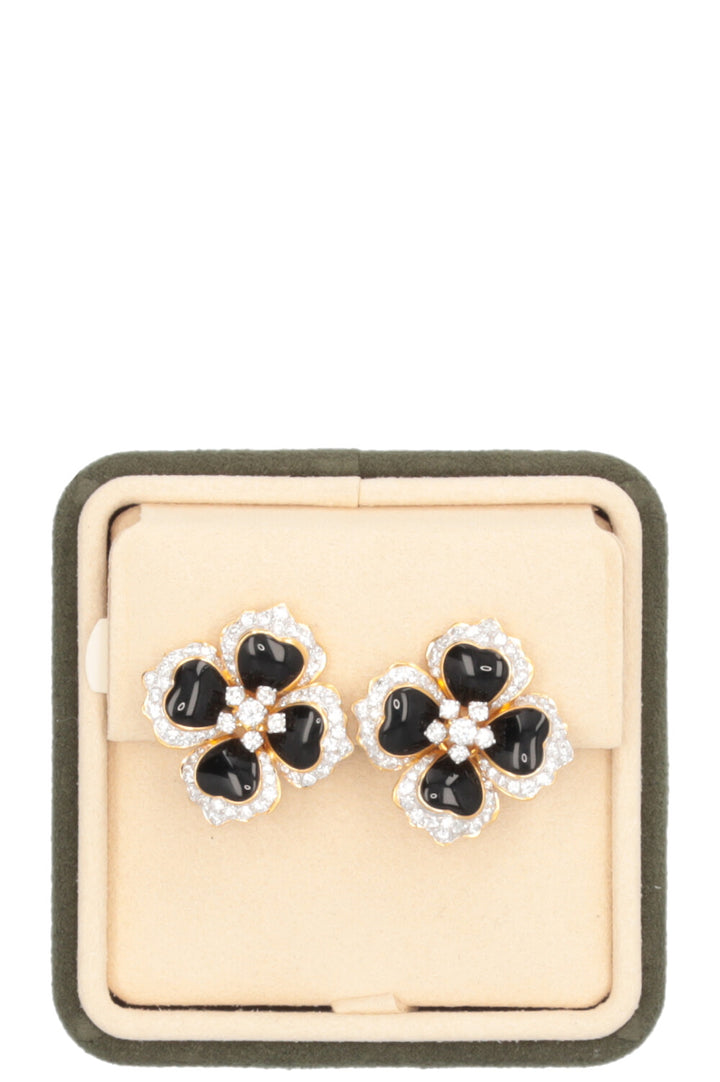 VINTAGE JEWELRY Flower Diamond Onxy Earrings Gold