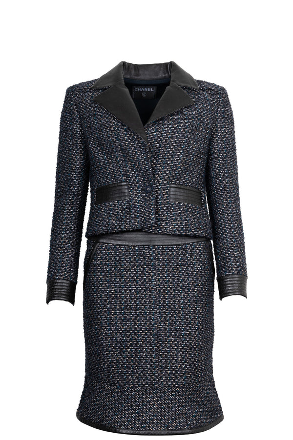 CHANEL 2002 Tweed Leather Detail Two Piece Black Blue