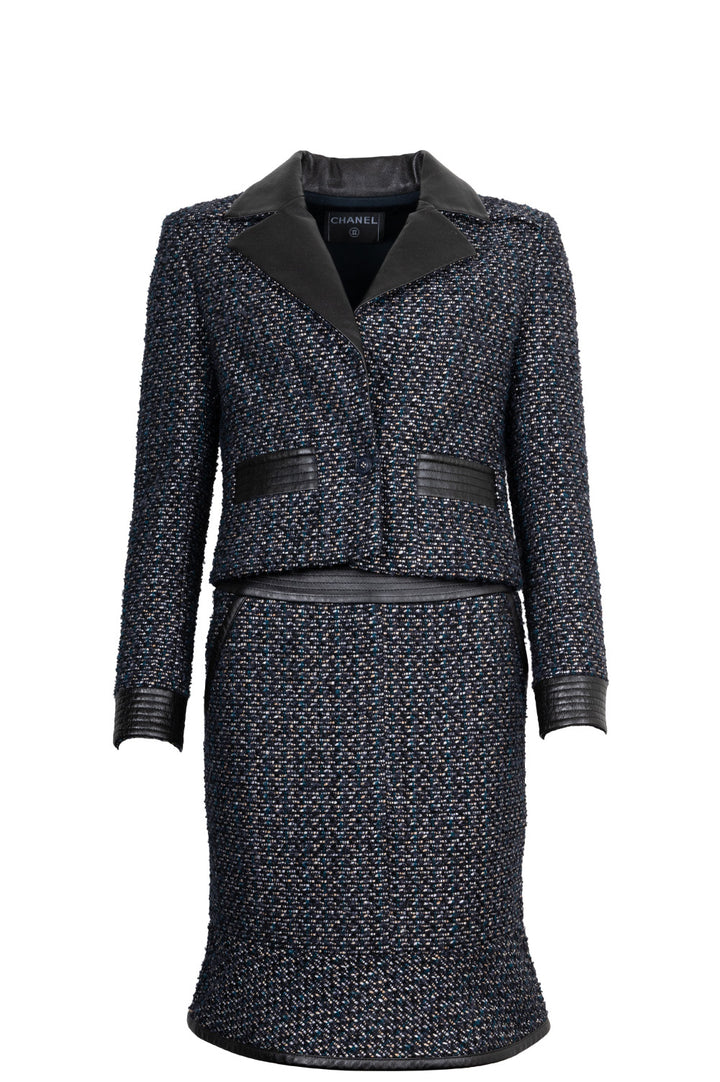 CHANEL 2002 Tweed Leather Detail Two Piece Black Blue