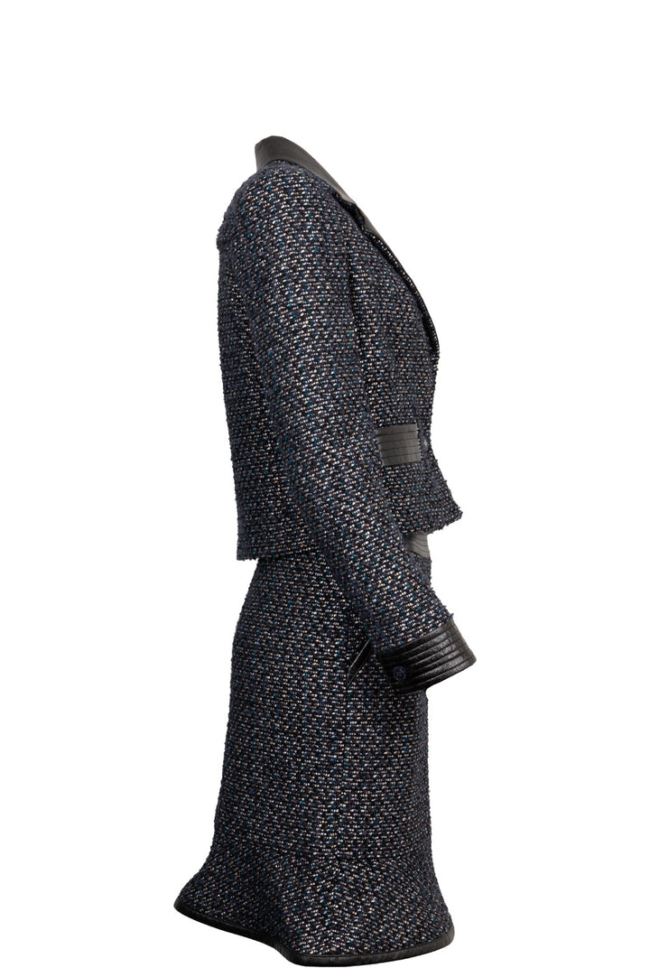 CHANEL 2002 Tweed Leather Detail Two Piece Black Blue