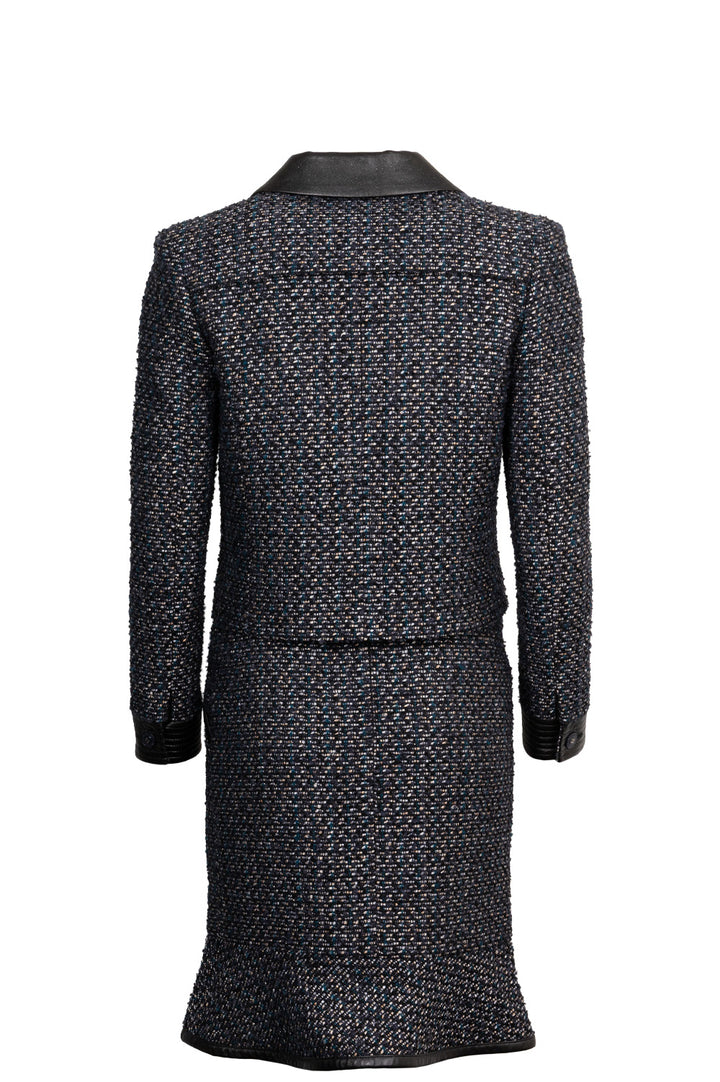 CHANEL 2002 Tweed Leather Detail Two Piece Black Blue