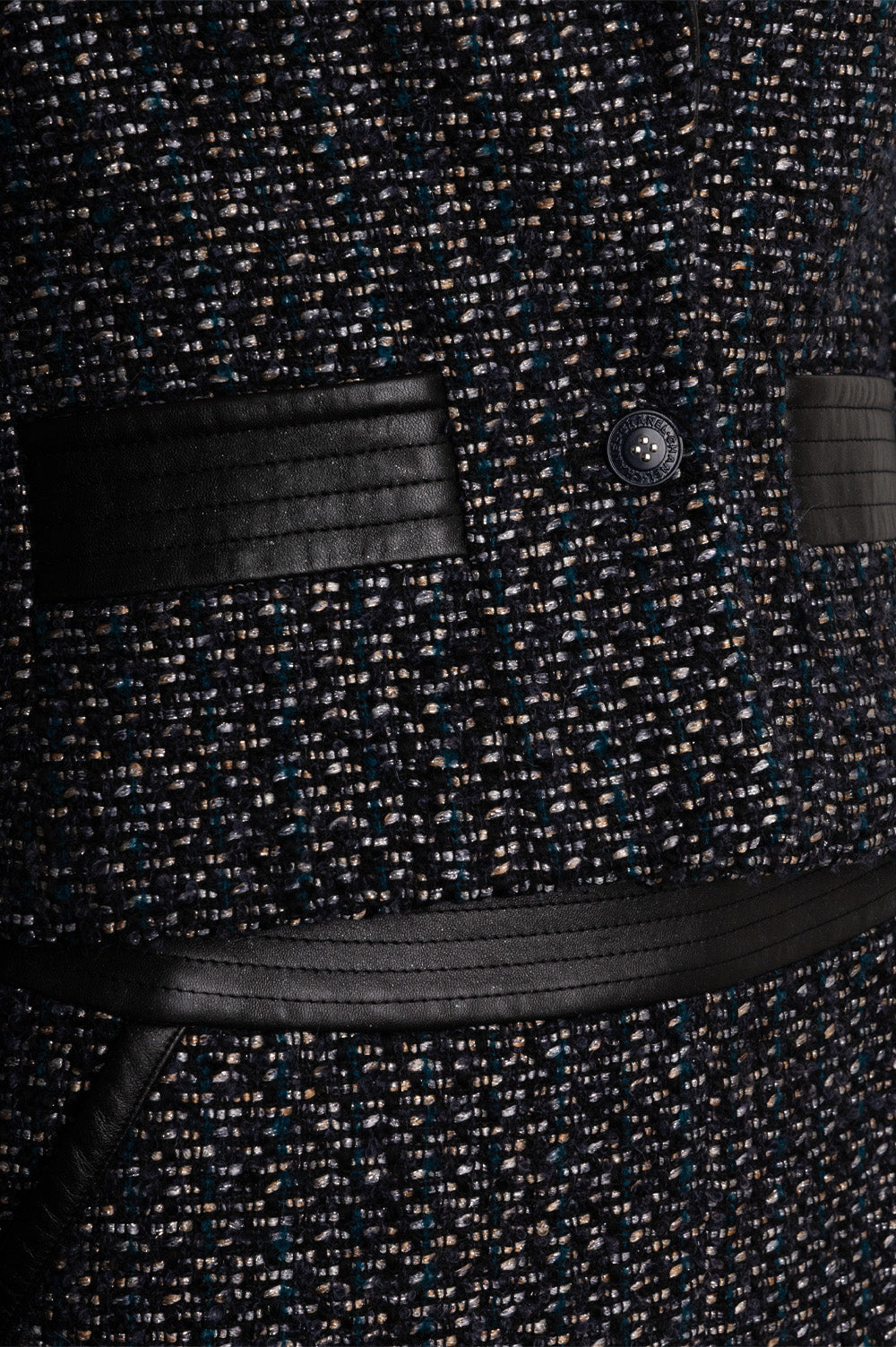 CHANEL 2002 Tweed Leather Detail Two Piece Black Blue