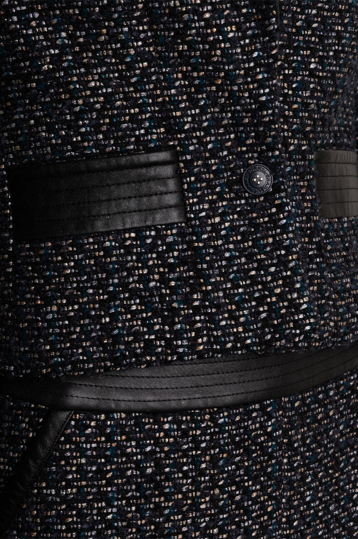 CHANEL 2002 Tweed Leather Detail Two Piece Black Blue