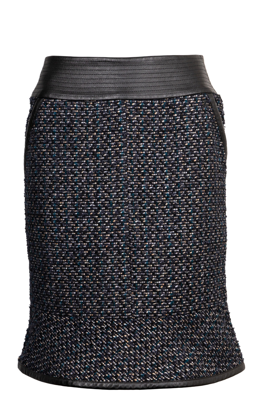 CHANEL 2002 Tweed Leather Detail Two Piece Black Blue