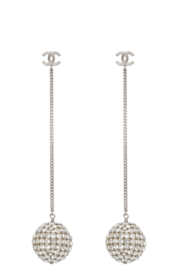 CHANEL Crystal Ball Earrings Silver