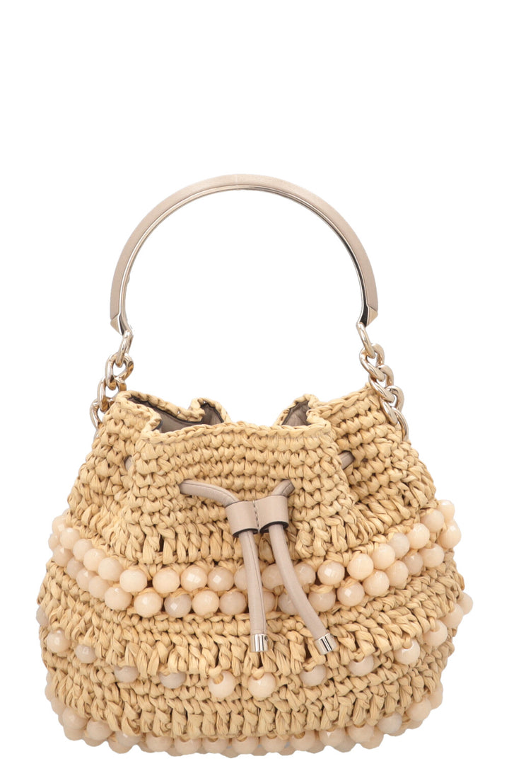 Sac seau JIMMY CHOO Petit Bon Bon en raphia beige