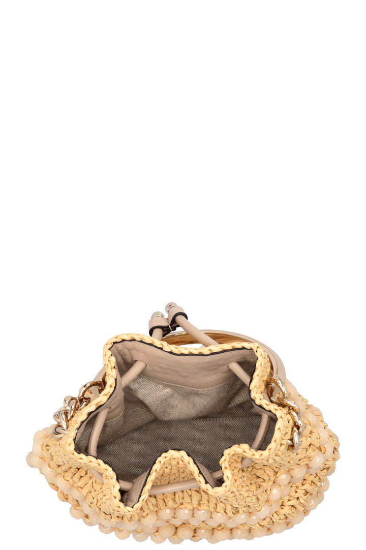 Sac seau JIMMY CHOO Petit Bon Bon en raphia beige