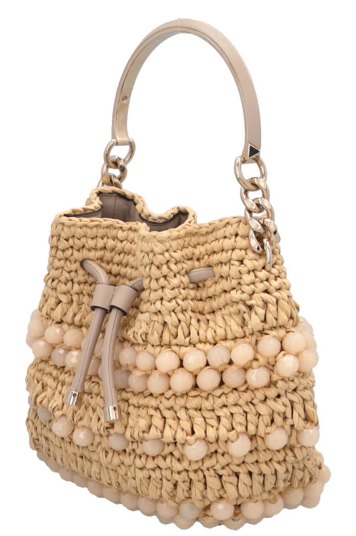 Sac seau JIMMY CHOO Petit Bon Bon en raphia beige