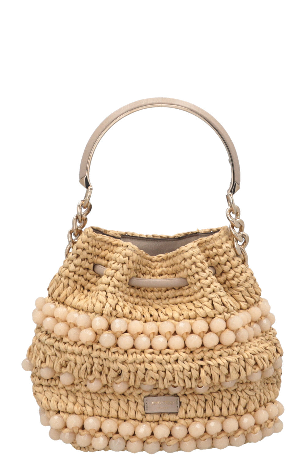 Sac seau JIMMY CHOO Petit Bon Bon en raphia beige