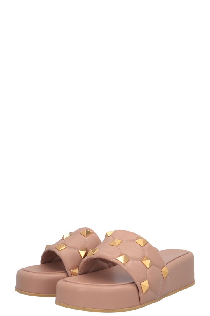 VALENTINO Rockstud Plateau Slides Leather Nude