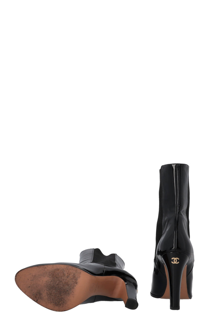 CHANEL CC Ankle Boots Patent Black