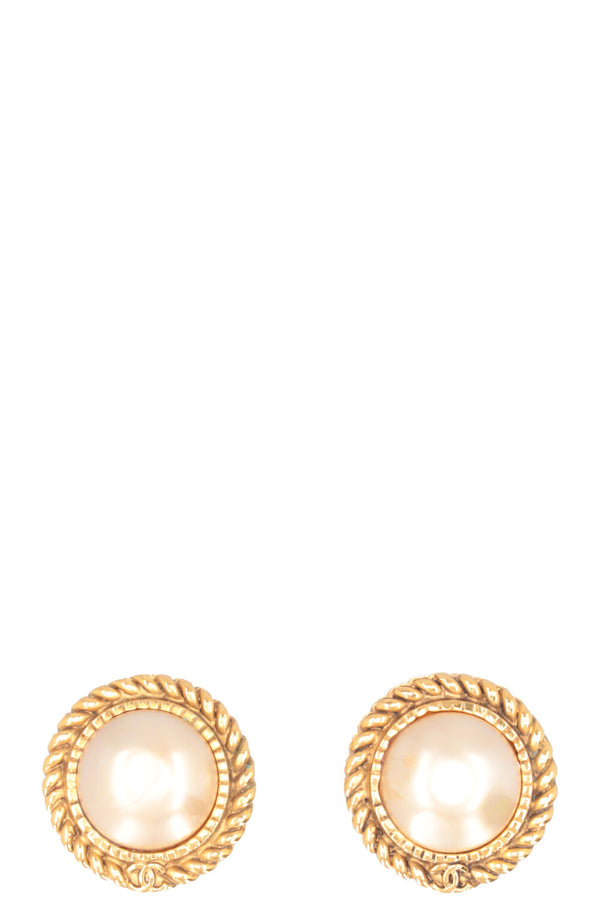 CHANEL CC Pearl Ear Clips Gold