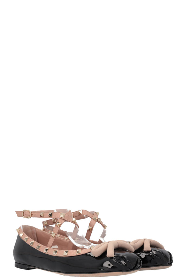 VALENTINO Bow Rockstud Ballet Flats Patent Black