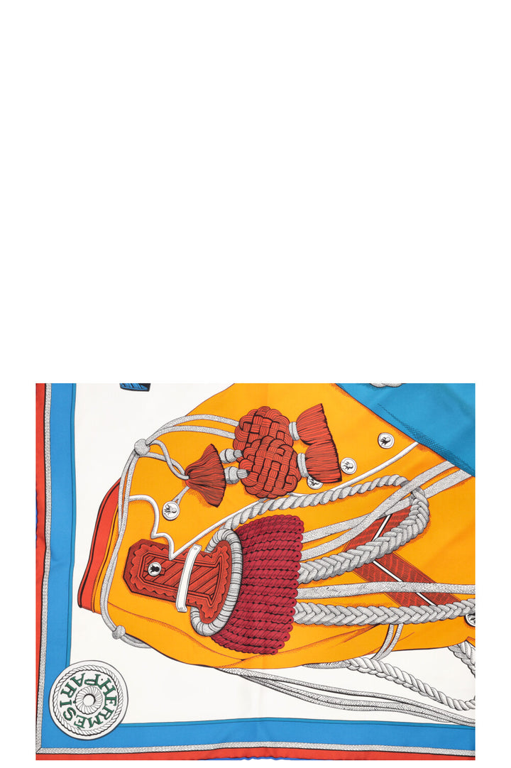 HERMÈS Zouaves Et Dragons 90 Foulard Soie Bleu Orange