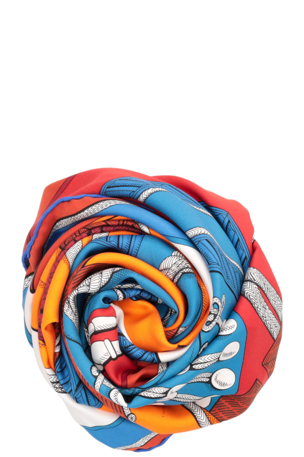 HERMÈS Zouaves Et Dragons 90 Scarf Silk Blue Orange