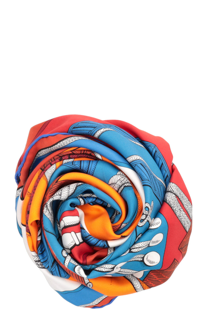 HERMÈS Zouaves Et Dragons 90 Foulard Soie Bleu Orange