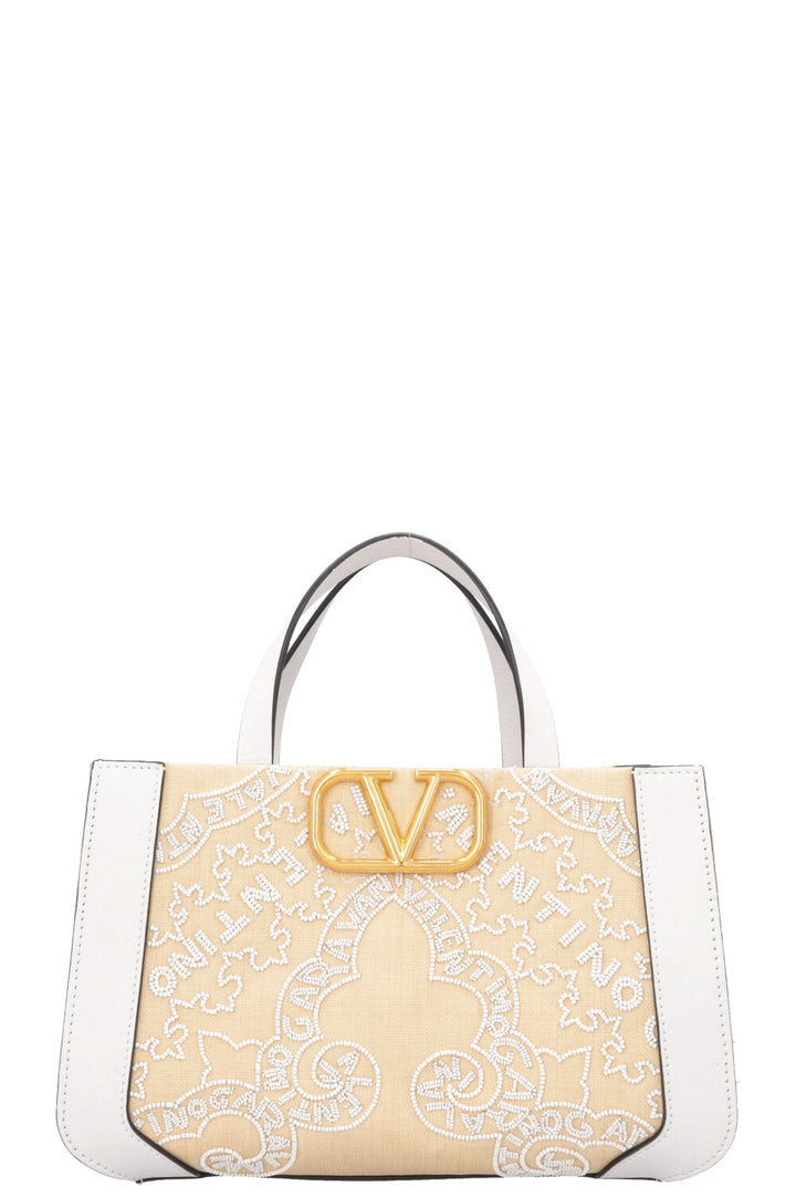 VALENTINO V'Logo Beaded Signature Top Handle Bag Small White