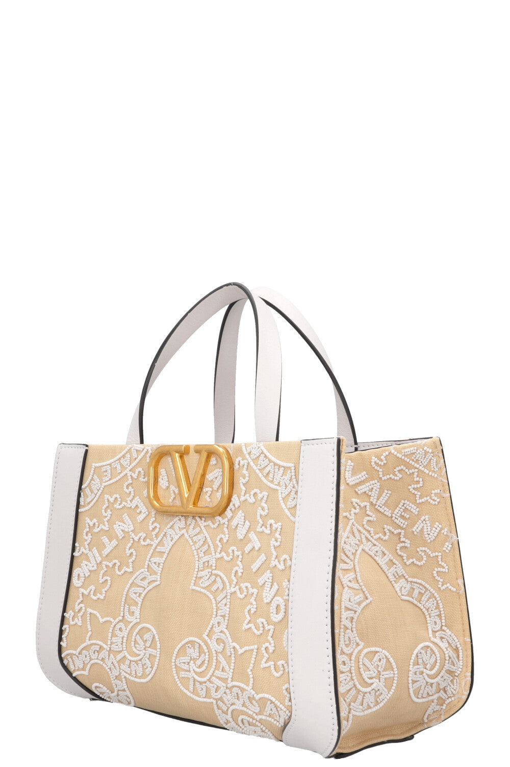 VALENTINO V'Logo Beaded Signature Top Handle Bag Small White