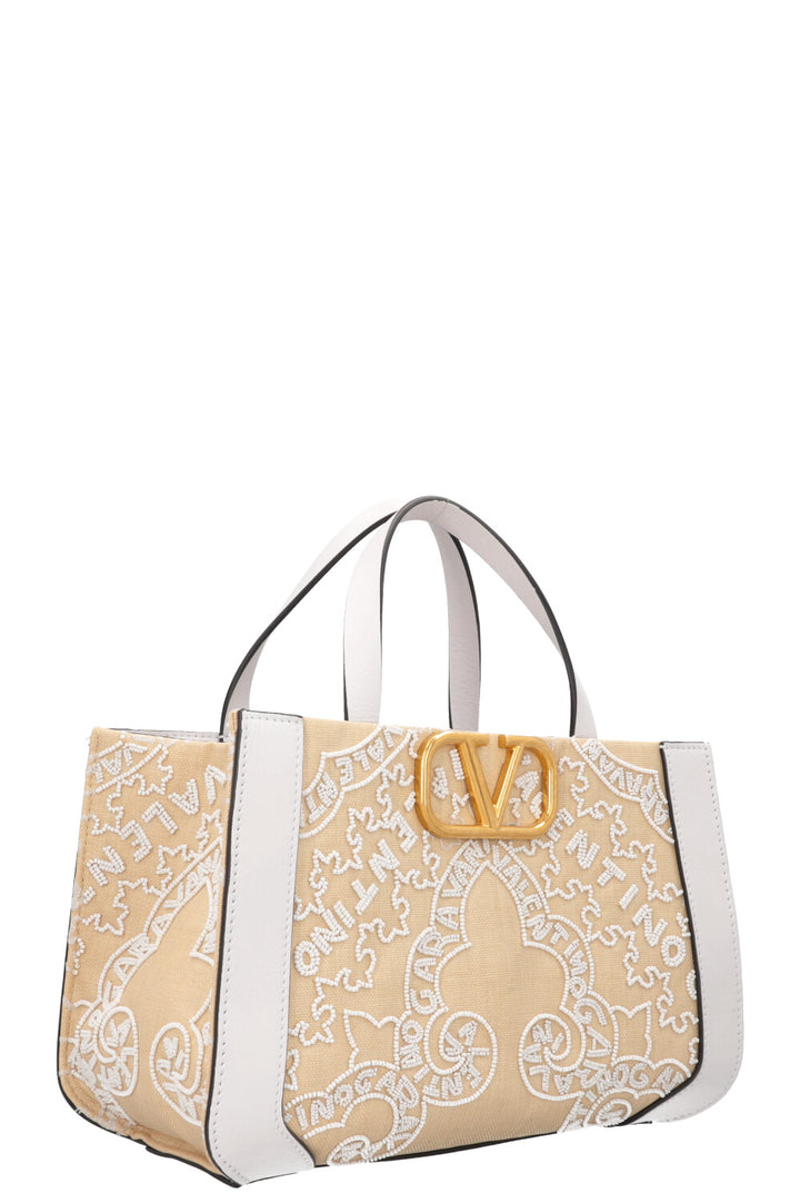 VALENTINO V'Logo Beaded Signature Top Handle Bag Small White