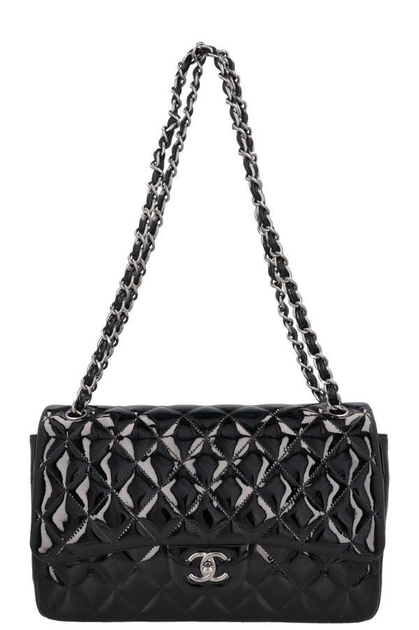 CHANEL Large Double Flap Patent Black