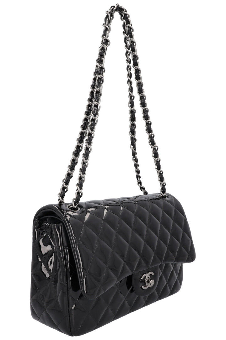 CHANEL Large Double Flap Patent Black