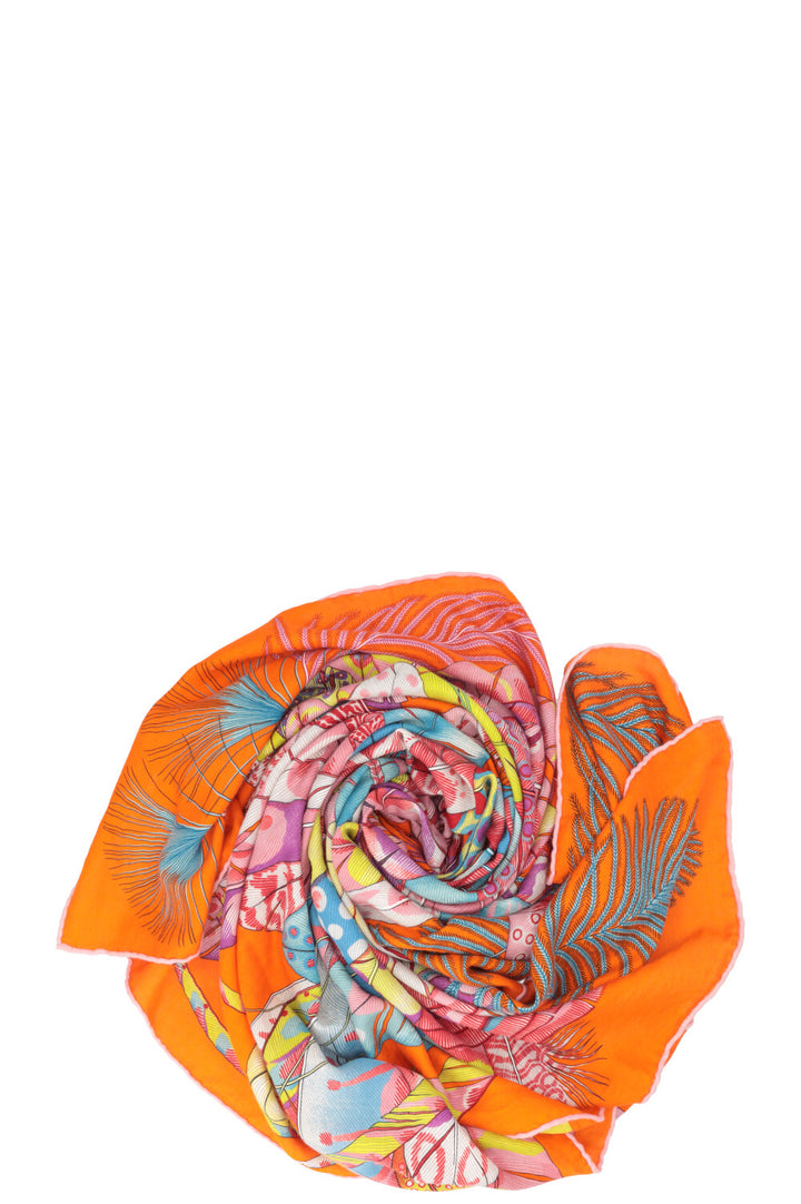HERMÈS Plumes en Fête Scarf 140 Cashmere Silk Orange