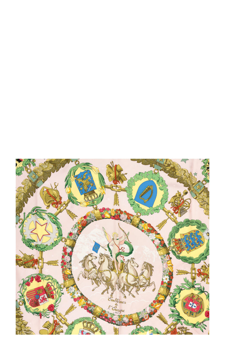 HERMÈS Emblèmes De L'Europe 90 Scarf Silk Blush Pink Olive
