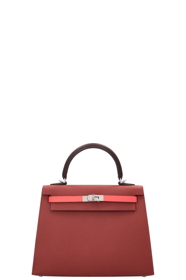 HERMES Kelly 25 Sellier Tricolor Epsom Rouge Venetian Rose Texas Rouge Sellier