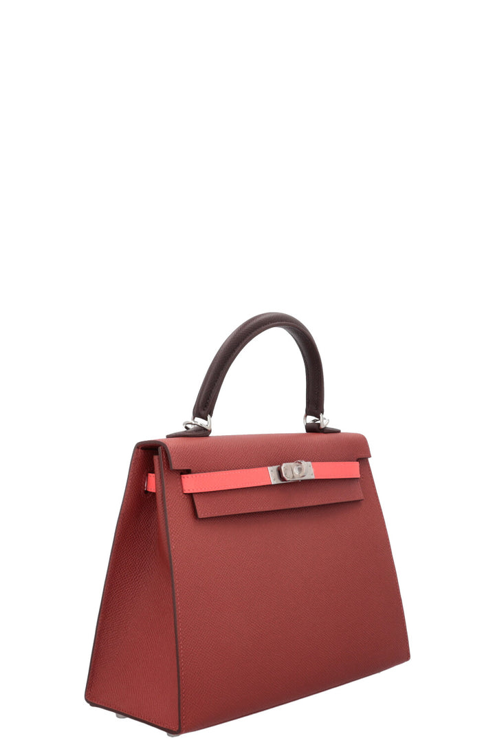HERMES Kelly 25 Sellier Tricolor Epsom Rouge Venetian Rose Texas Rouge Sellier