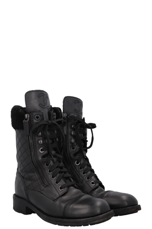 CHANEL CC Shearling Quilted Leather Ankle Boots Black