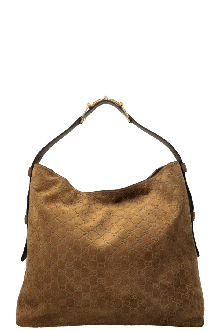 GUCCI Large Beatrix Horsebit Hobo Bag Suede Beige