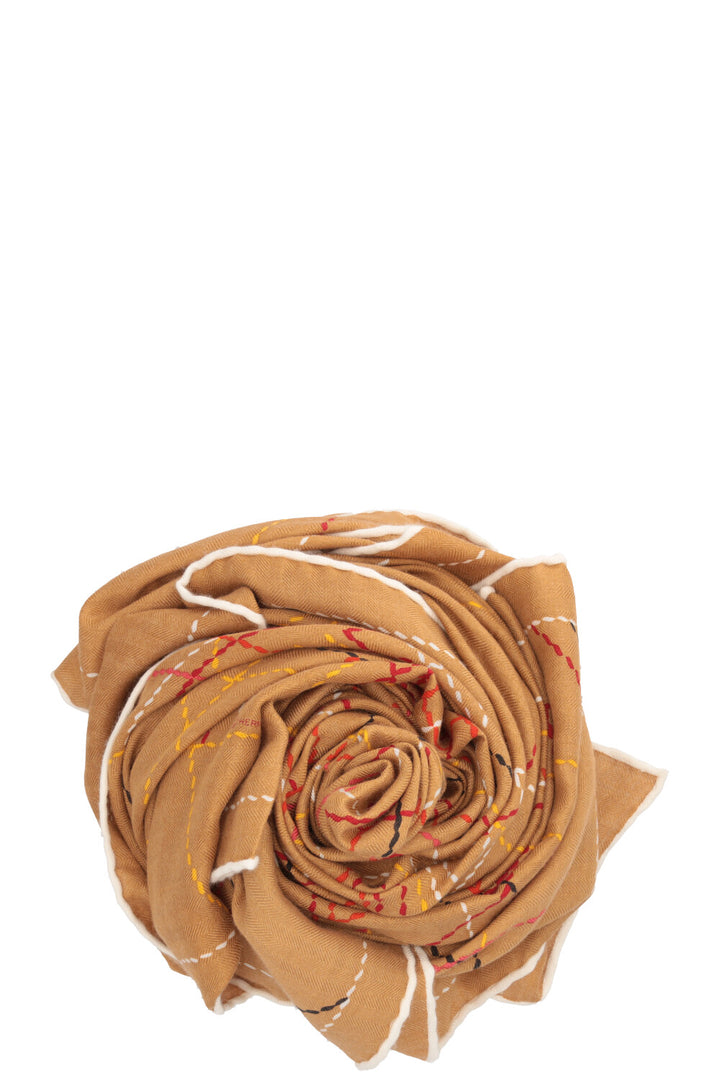 HERMÈS Piqué Sellier Scarf 140 Cashmere Caramel