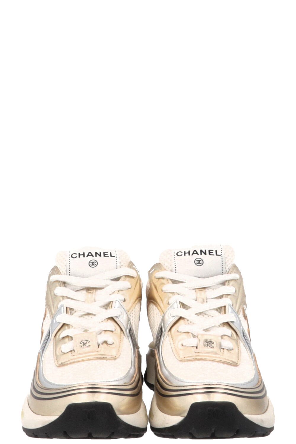CHANEL CC Tennis Sneakers Mesh Gold White