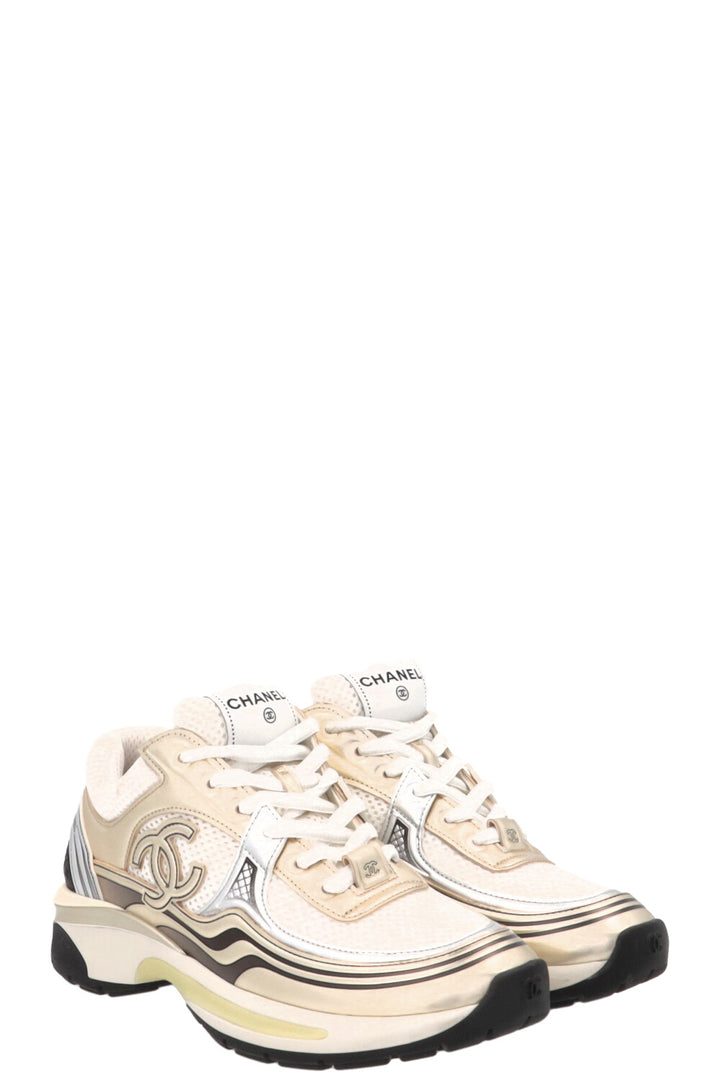 CHANEL CC Tennis Sneakers Mesh Gold White