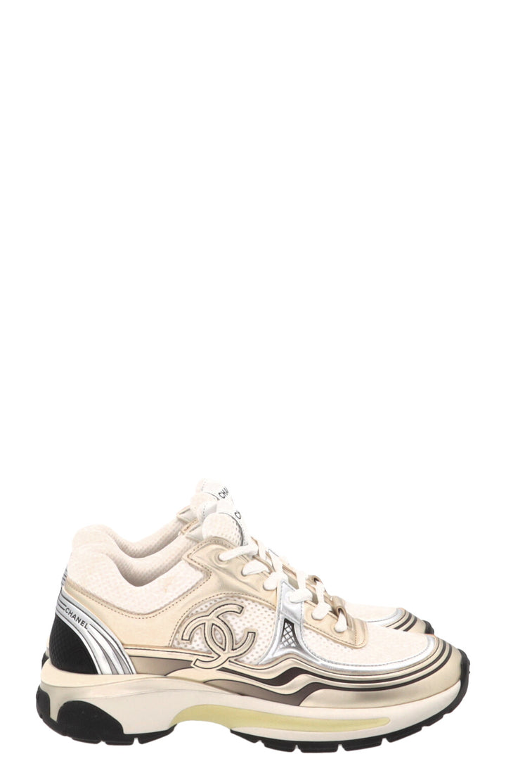 CHANEL CC Tennis Sneakers Mesh Gold White