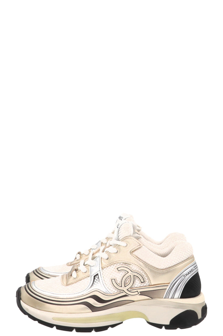 CHANEL CC Tennis Sneakers Mesh Gold White