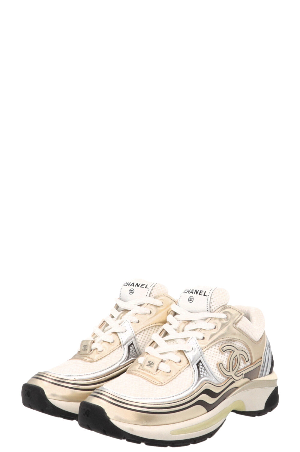 CHANEL CC Tennis Sneakers Mesh Gold White