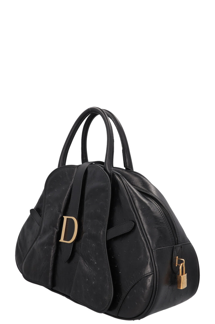CHRISTIAN DIOR Double Saddle Bowler Bag Ostrich Black