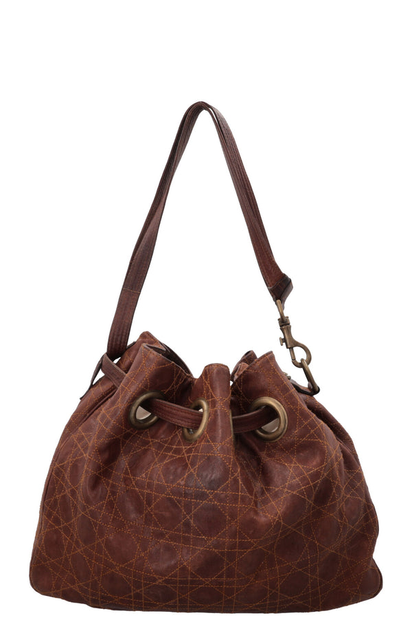 CHRISTIAN DIOR Sac Seau à cordon Cannage Cuir Marron