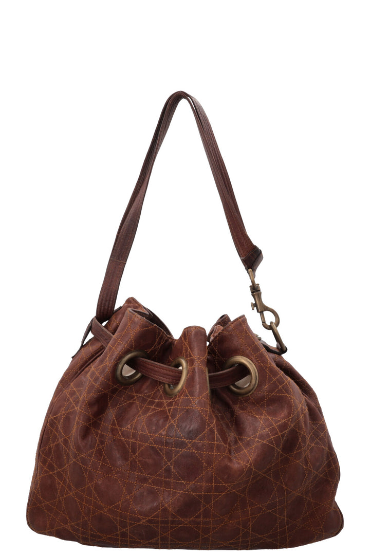 CHRISTIAN DIOR Cannage Drawstring Bucket Bag Leather Brown