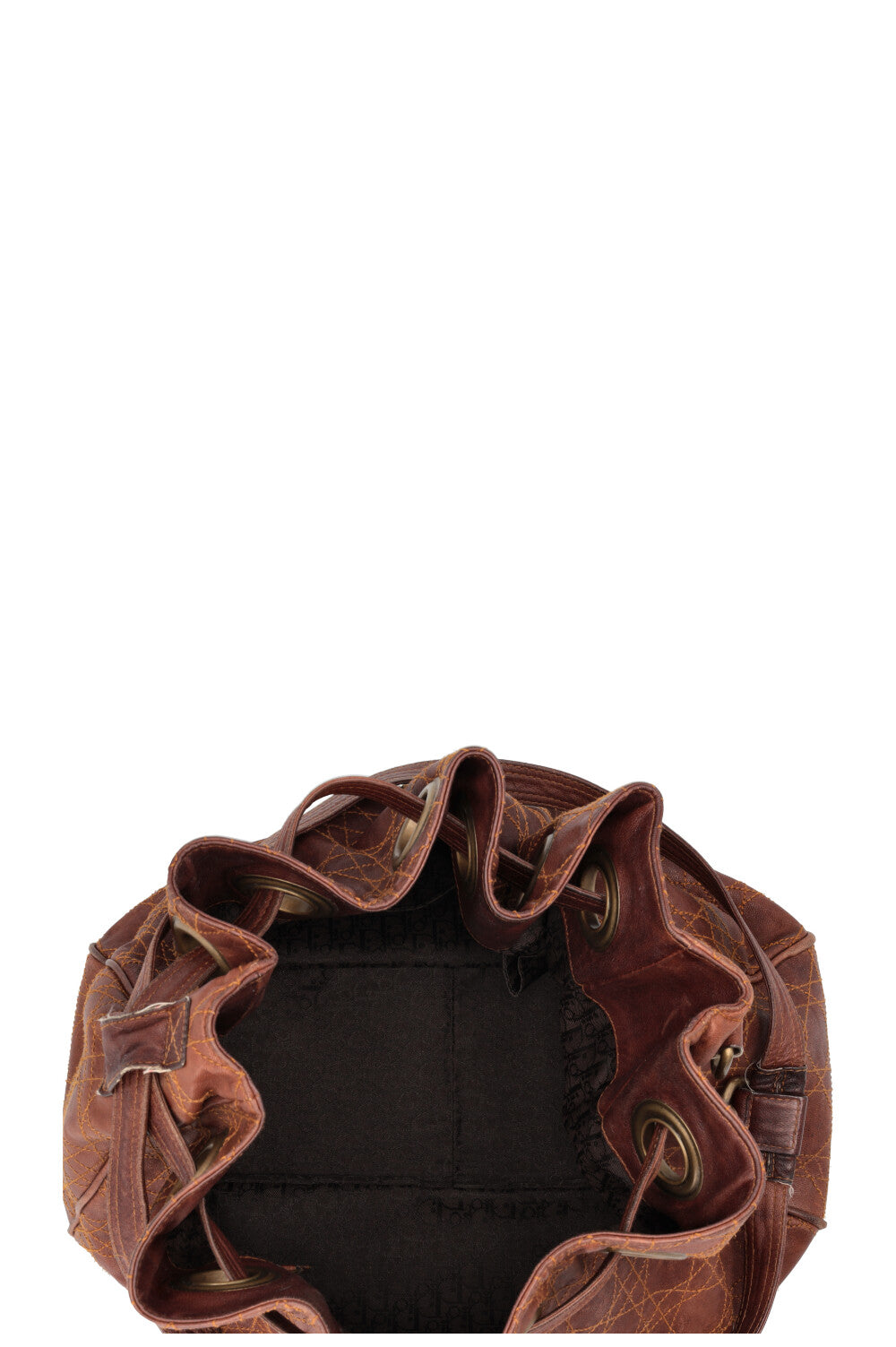 CHRISTIAN DIOR Cannage Drawstring Bucket Bag Leather Brown