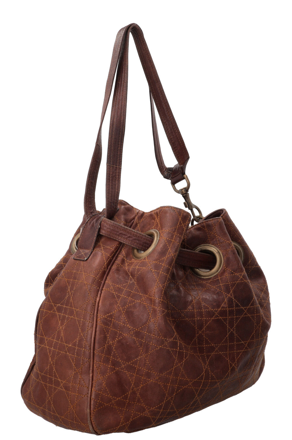 CHRISTIAN DIOR Cannage Drawstring Bucket Bag Leather Brown