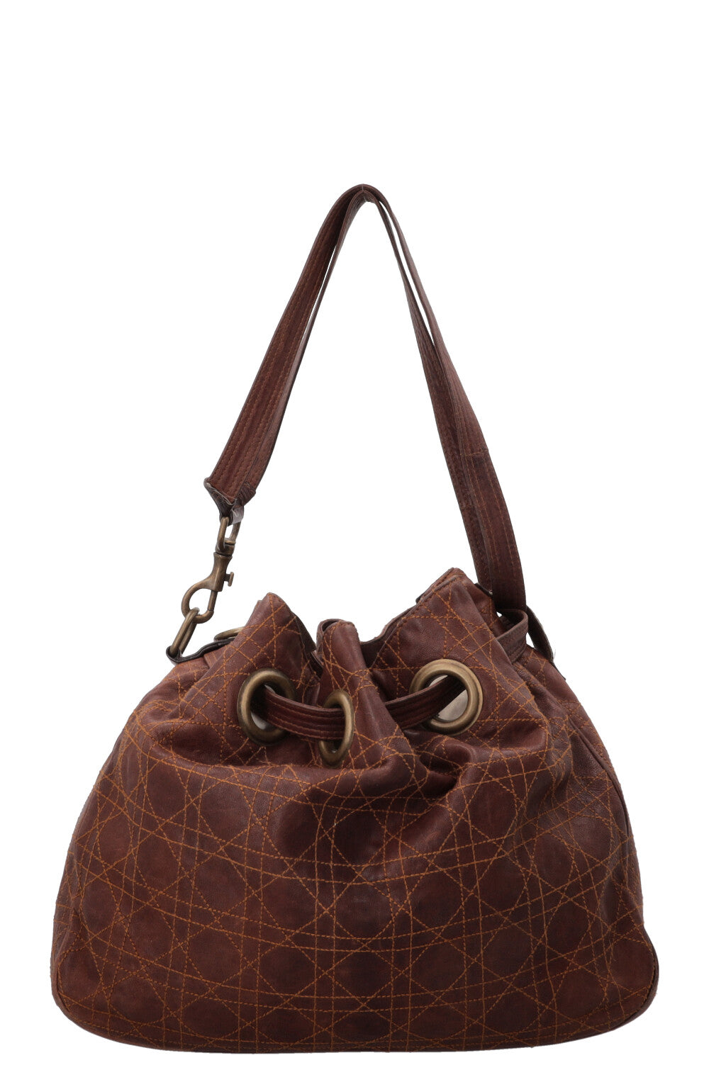 CHRISTIAN DIOR Cannage Drawstring Bucket Bag Leather Brown