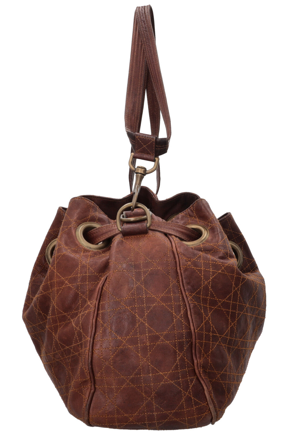 CHRISTIAN DIOR Cannage Drawstring Bucket Bag Leather Brown