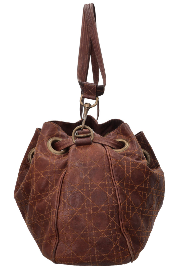 CHRISTIAN DIOR Cannage Drawstring Bucket Bag Leather Brown