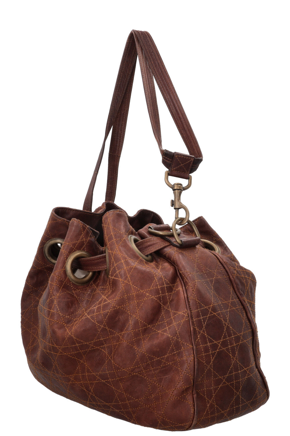 CHRISTIAN DIOR Cannage Drawstring Bucket Bag Leather Brown