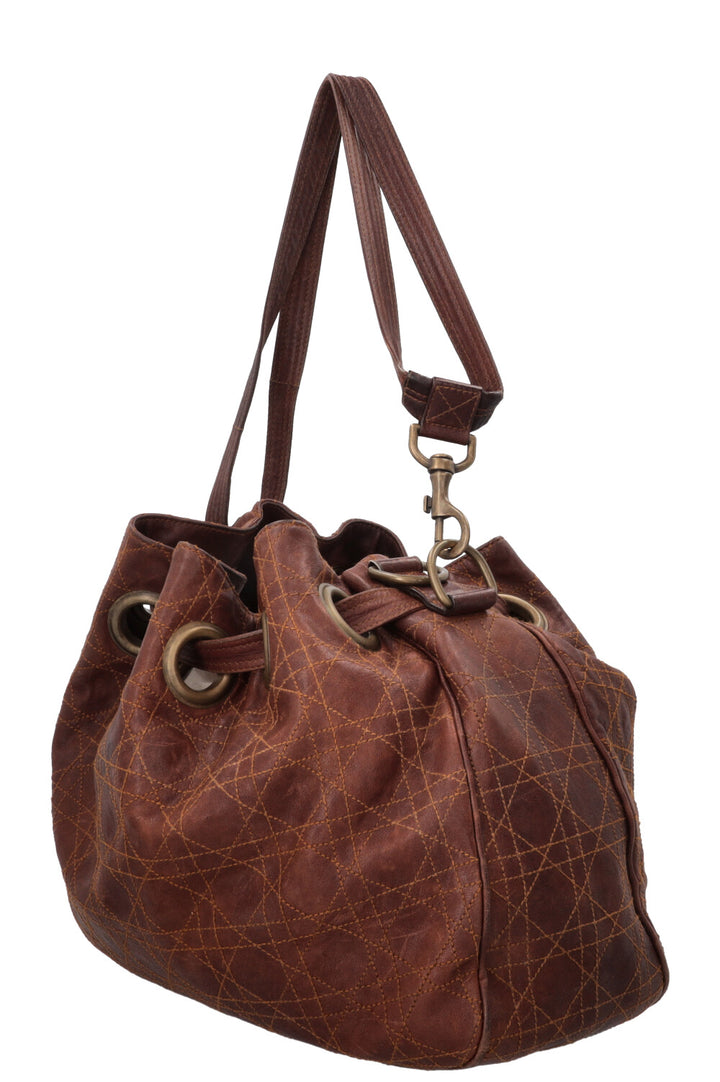 CHRISTIAN DIOR Cannage Drawstring Bucket Bag Leather Brown