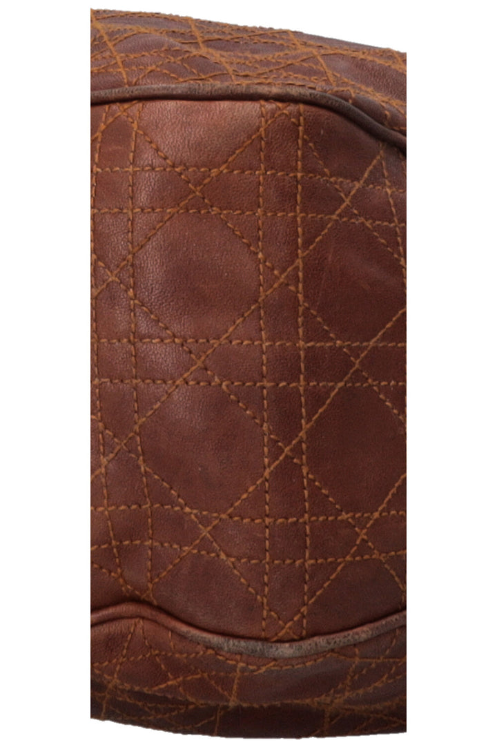 CHRISTIAN DIOR Cannage Drawstring Bucket Bag Leather Brown