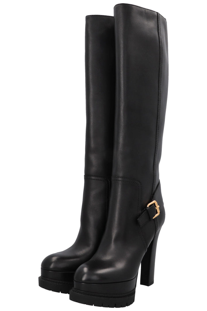 LOUIS VUITTON Plateau Buckled Knee High Boots Leather Black