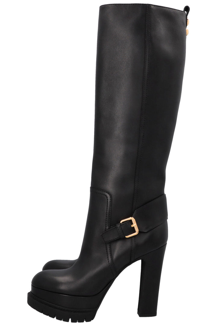LOUIS VUITTON Plateau Buckled Knee High Boots Leather Black